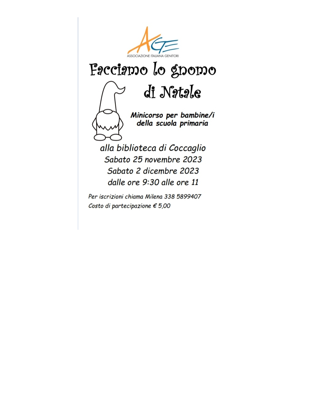 AGE "Facciamo lo gnomo di Natale" evento per bambini/e primaria