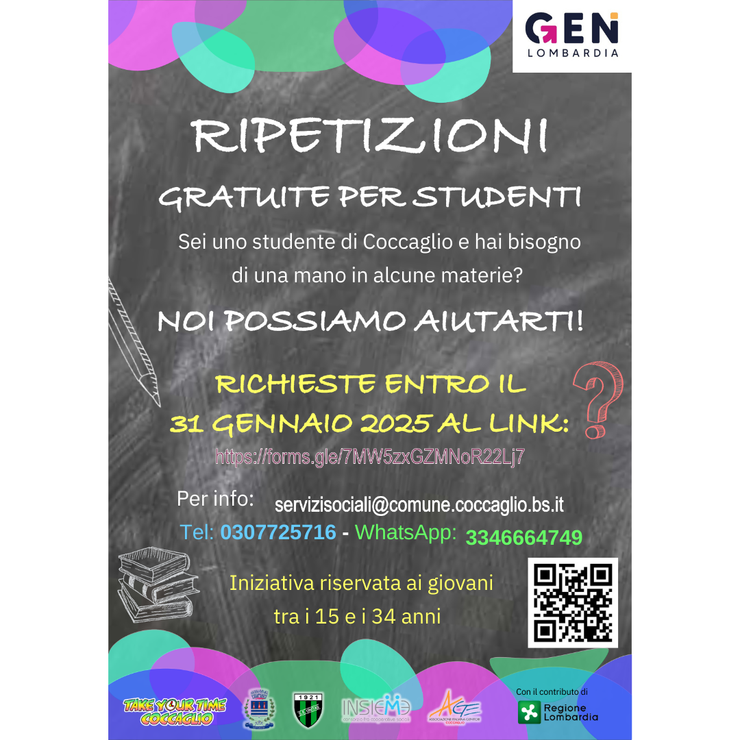 RIPETIZIONI GRATUITE PER STUDENTI - "Take Your Time Coccaglio" Bando SMART 2.0