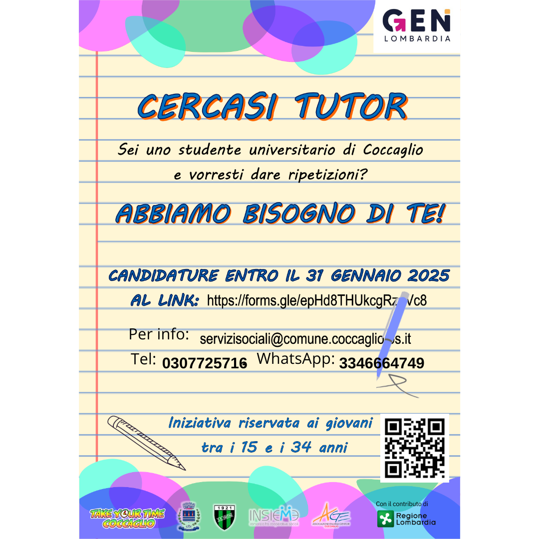 CERCASI TUTOR - "Take Your Time Coccaglio" Bando SMART 2.0