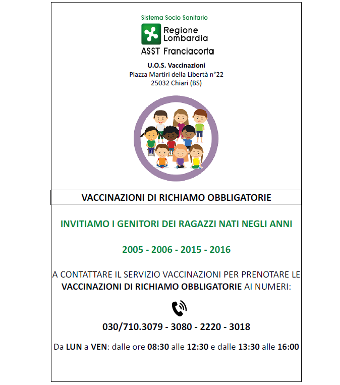 Comunicazione da ASST FRANCIACORTA: VACCINAZIONI DI RICHIAMO OBBLIGATORIE ANNI 2005-2006-2015-2016