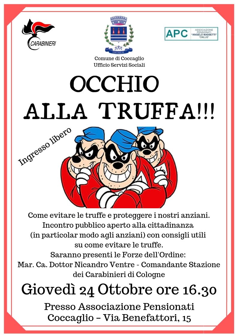 "Occhio alla truffa" - incontro pubblico aperto alla cittadinanza con consigli utili su come evitare le truffe