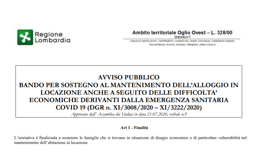 Ambito oglio ovest: bando per sostegno al mantenimento dell’alloggio in locazione anche a seguito delle difficolta’ economiche derivanti dalla emergenza sanitaria covid 19
