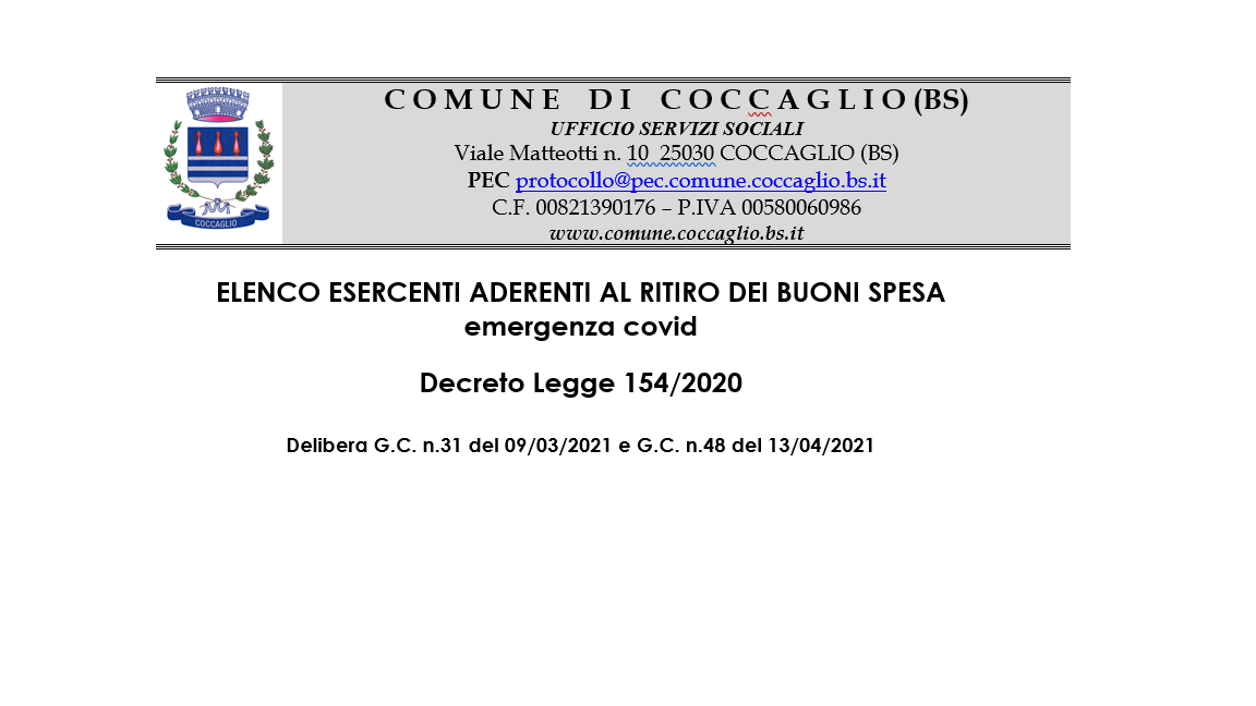 Elenco degli esercizi aderenti all'accettazione dei buoni spesa a sostegno nuclei famigliari in difficolta'